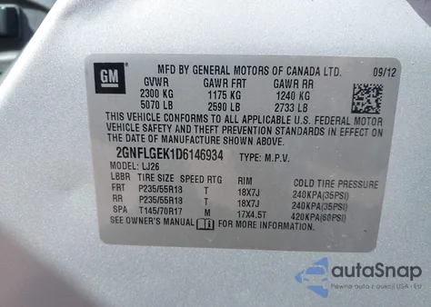 2013 Chevrolet Equinox Ltz z USA, uszkodzony, nr VIN 2GNFLGEK1D6146934